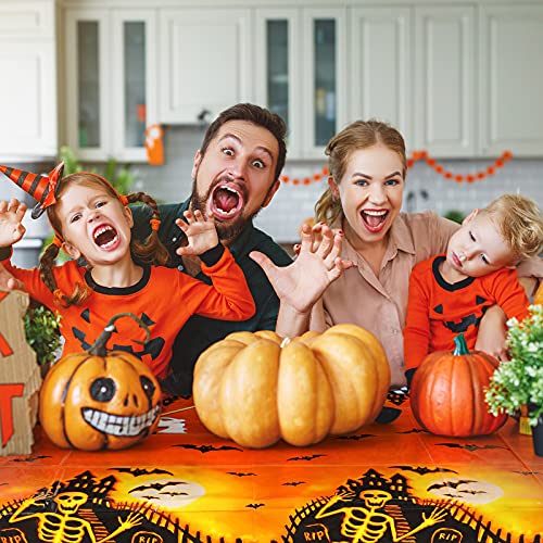 54x72 Inch Halloween Tablecloth Plastic Rectangle Pumpkin Bat Skeleton Picnic Table Cover Waterproof Orange and Black Decorations for Holiday Party Favors Supplies, Wipeable and Reusable (2 Pieces)