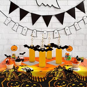 54x72 Inch Halloween Tablecloth Plastic Rectangle Pumpkin Bat Skeleton Picnic Table Cover Waterproof Orange and Black Decorations for Holiday Party Favors Supplies, Wipeable and Reusable (2 Pieces)