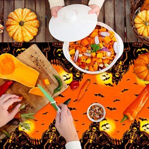 54x72 Inch Halloween Tablecloth Plastic Rectangle Pumpkin Bat Skeleton Picnic Table Cover Waterproof Orange and Black Decorations for Holiday Party Favors Supplies, Wipeable and Reusable (2 Pieces)