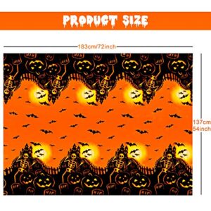 54x72 Inch Halloween Tablecloth Plastic Rectangle Pumpkin Bat Skeleton Picnic Table Cover Waterproof Orange and Black Decorations for Holiday Party Favors Supplies, Wipeable and Reusable (2 Pieces)