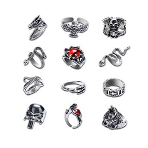 buufan 12pcs vintage adjustable punk rings set silver black dragon snake claw alloy gothic stackable open rings for women men