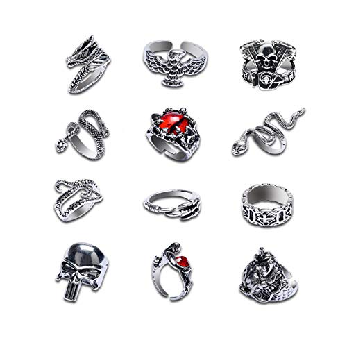 BUUFAN 12PCS Vintage Adjustable Punk Rings Set Silver Black Dragon Snake Claw Alloy Gothic Stackable Open Rings for Women Men