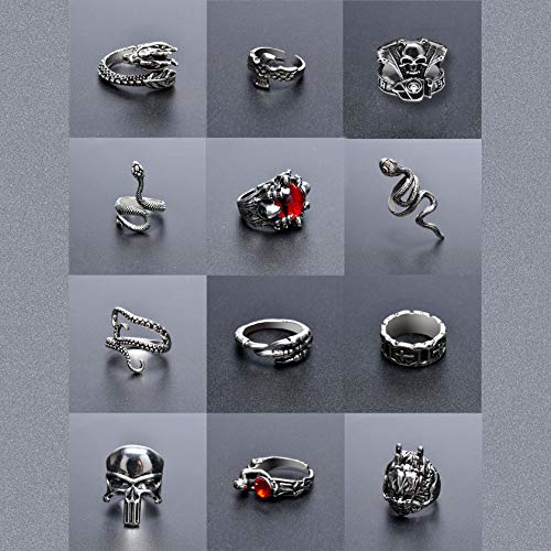 BUUFAN 12PCS Vintage Adjustable Punk Rings Set Silver Black Dragon Snake Claw Alloy Gothic Stackable Open Rings for Women Men