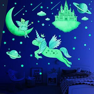 194 pcs glow in the dark stars for ceiling, wall decals for girls bedroom, unicorn room decor for girls bedroom, moon castle butterfly fairy planet wall stickers for kids, birthday gift for kids