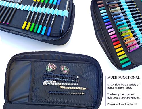 TOOLI-ART Marker & Pen Carrying Case -120 Slots, Canvas, Extra Pockets, Trolley Sleeve, Removable Shoulder Strap, For Most Markers (up to 15mm Diameter), Lipstick, Etc. Black