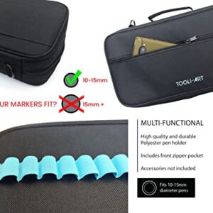 TOOLI-ART Marker & Pen Carrying Case -120 Slots, Canvas, Extra Pockets, Trolley Sleeve, Removable Shoulder Strap, For Most Markers (up to 15mm Diameter), Lipstick, Etc. Black