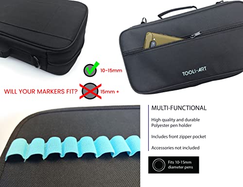 TOOLI-ART Marker & Pen Carrying Case -120 Slots, Canvas, Extra Pockets, Trolley Sleeve, Removable Shoulder Strap, For Most Markers (up to 15mm Diameter), Lipstick, Etc. Black