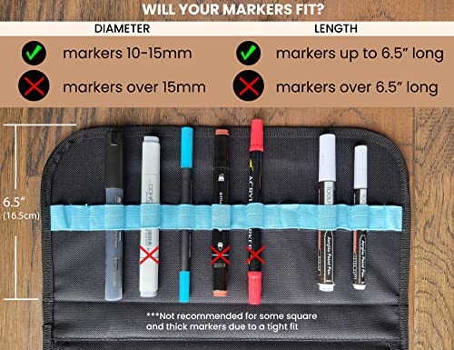 TOOLI-ART Marker & Pen Carrying Case -120 Slots, Canvas, Extra Pockets, Trolley Sleeve, Removable Shoulder Strap, For Most Markers (up to 15mm Diameter), Lipstick, Etc. Black