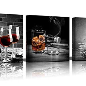 Kitchen Wall Decor Red Wine Cups 3 Piece Black and white Lighted cigarette Canvas Prints Modern Framed Wall Art Pictures Paintings Wine Glass Barrel for Home Decoration