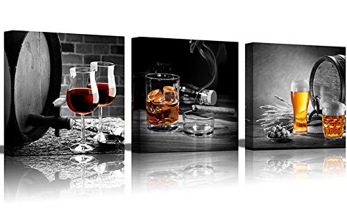 Kitchen Wall Decor Red Wine Cups 3 Piece Black and white Lighted cigarette Canvas Prints Modern Framed Wall Art Pictures Paintings Wine Glass Barrel for Home Decoration