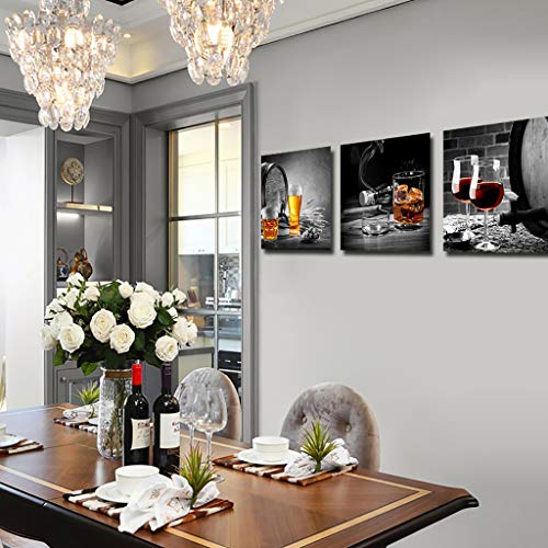 Kitchen Wall Decor Red Wine Cups 3 Piece Black and white Lighted cigarette Canvas Prints Modern Framed Wall Art Pictures Paintings Wine Glass Barrel for Home Decoration