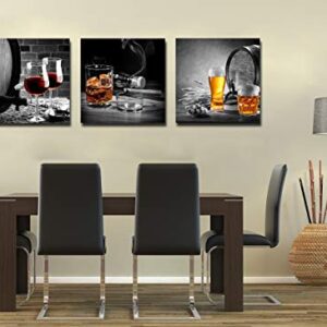 Kitchen Wall Decor Red Wine Cups 3 Piece Black and white Lighted cigarette Canvas Prints Modern Framed Wall Art Pictures Paintings Wine Glass Barrel for Home Decoration