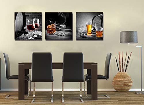 Kitchen Wall Decor Red Wine Cups 3 Piece Black and white Lighted cigarette Canvas Prints Modern Framed Wall Art Pictures Paintings Wine Glass Barrel for Home Decoration