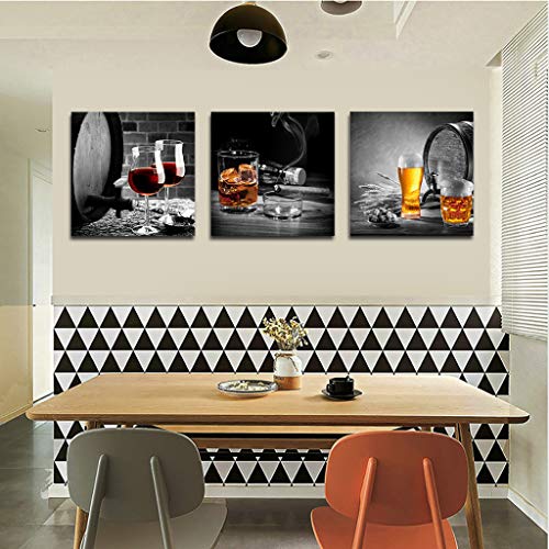 Kitchen Wall Decor Red Wine Cups 3 Piece Black and white Lighted cigarette Canvas Prints Modern Framed Wall Art Pictures Paintings Wine Glass Barrel for Home Decoration