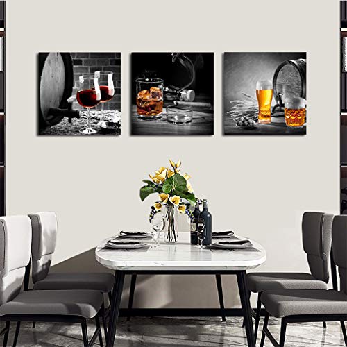 Kitchen Wall Decor Red Wine Cups 3 Piece Black and white Lighted cigarette Canvas Prints Modern Framed Wall Art Pictures Paintings Wine Glass Barrel for Home Decoration