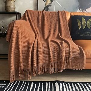 lomao knitted throw blanket with tassels bubble textured lightweight throws for couch cover home decor (caramel, 50x60)