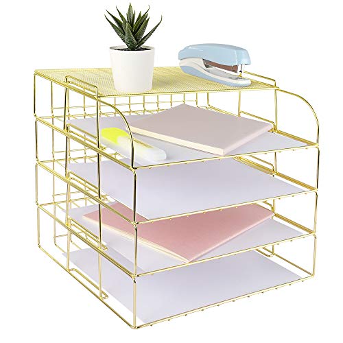 Spacrea Letter Tray, 4 Tier Desk Organizers and Accessories, Stackable Paper Tray Organizer Desk File Organizer with 1 Upper Display Shelf for School Home Office Supplies (Gold)