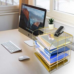 Spacrea Letter Tray, 4 Tier Desk Organizers and Accessories, Stackable Paper Tray Organizer Desk File Organizer with 1 Upper Display Shelf for School Home Office Supplies (Gold)