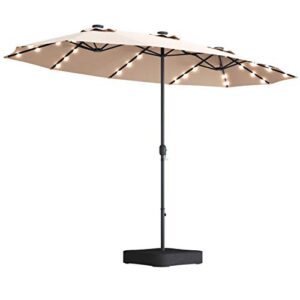 tangkula 15 ft solar led patio double-sided umbrella with base, outdoor twin umbrella, extra large umbrella w/ 36 solar powered led lights & crank system for garden, deck, poolside, patio (beige)