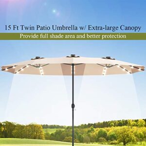 TANGKULA 15 Ft Solar LED Patio Double-Sided Umbrella with Base, Outdoor Twin Umbrella, Extra Large Umbrella w/ 36 Solar Powered LED Lights & Crank System for Garden, Deck, Poolside, Patio (Beige)