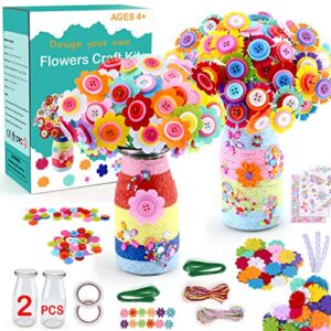 hulaso crafts for girls ages 4-12 gift make your own flower bouquet with buttons felt flowers, vase art and craft for children - diy activity for boys & girls age 6 7 8 9 10 11 12 year old