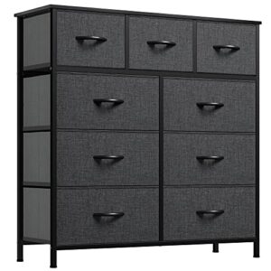 yitahome dresser for bedroom with 9 drawers - fabric storage tower, tall chest organizer unit for living room, nursery, entryway, closets with sturdy steel frame, wooden top, black grey