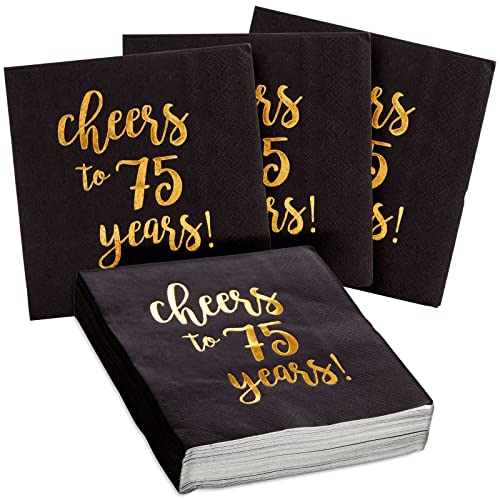 50-Pack Cheers to 75 Years Napkins for 75th Birthday Decorations and Party Supplies for Men and Women, 3-Ply Black Cocktail Napkins with Gold Cursive Font (5x5 In)