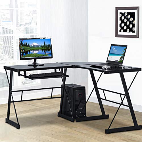 L Shaped Computer Desk Office Corner Desk,Modern Gaming Desk Home Office Desk Tempered Glass Workstation Desk，with Keyboard Tray and CPU Stand 3-Piece PC Laptop Study Writing Workstation Table- Black