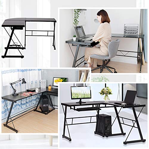 L Shaped Computer Desk Office Corner Desk,Modern Gaming Desk Home Office Desk Tempered Glass Workstation Desk，with Keyboard Tray and CPU Stand 3-Piece PC Laptop Study Writing Workstation Table- Black