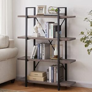 ibf solid wood bookshelf, 4 tier natural real wood bookcase, modern rustic industrial open book shelf, tall farmhouse wooden etagere bookcase for office living room bedroom, distressed grey and black