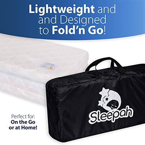 Sleepah Pack and Play Mattress Tri-Fold Double Sided Pad (Firm for Babies) & Soft Memory Foam (for Toddlers) Play Yard Mattress Pad Fits Most Pack N Play Playpens Cribs Foldable with Cary Bag