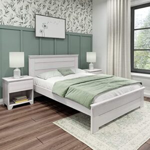 plank+beam rustic wood queen bed frame, platform bed with headboard, solid, white wash
