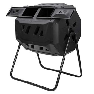 oteymart large compost bin tumbler, 43 gallon capacity composting tumbler with twin chambers dual rotating sliding door & solid steel frame, black