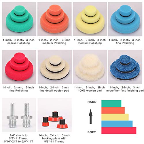 CASOMAN Buffing and Polishing Pad Kit with Mix Size (1", 2", 3") Kit with 5/8"-11 Thread Backing pad & Adapters 29 Piece Set for Car Sanding, Polishing, Waxing, Sealing Glaze