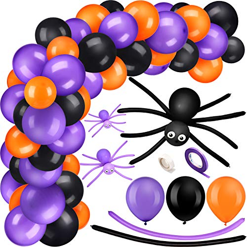 202 Pieces Halloween Balloon Garland Arch kit 13 Inch and 24 Inch Black Orange Purple Latex Balloons, Balloon Tap Strip, Adhesive Dots for Halloween Party Decorations Supplies