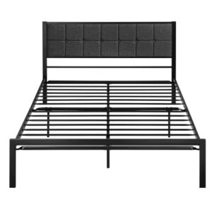 SHA CERLIN Queen Size Bed Frame with Upholstered Headboard, Metal Platform Bed Frame with 17 Steel Slats Support, Mattress Foundation, No Box Spring Needed, Noise Free, Easy Assembly, Dark Grey
