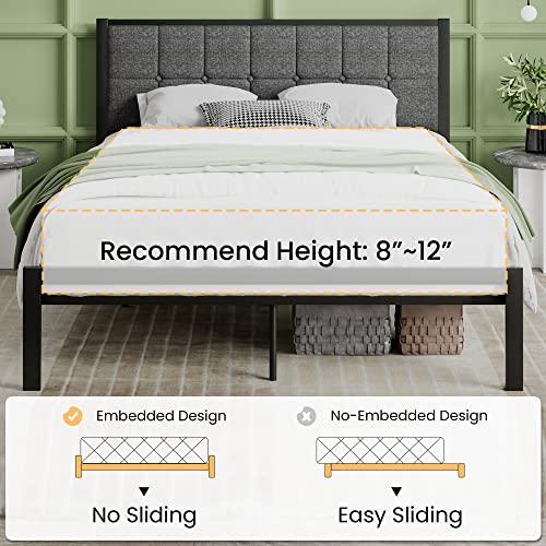 SHA CERLIN Queen Size Bed Frame with Upholstered Headboard, Metal Platform Bed Frame with 17 Steel Slats Support, Mattress Foundation, No Box Spring Needed, Noise Free, Easy Assembly, Dark Grey
