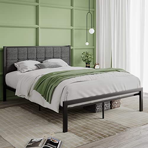 SHA CERLIN Queen Size Bed Frame with Upholstered Headboard, Metal Platform Bed Frame with 17 Steel Slats Support, Mattress Foundation, No Box Spring Needed, Noise Free, Easy Assembly, Dark Grey