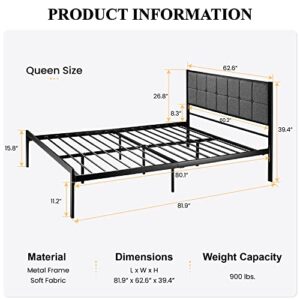 SHA CERLIN Queen Size Bed Frame with Upholstered Headboard, Metal Platform Bed Frame with 17 Steel Slats Support, Mattress Foundation, No Box Spring Needed, Noise Free, Easy Assembly, Dark Grey