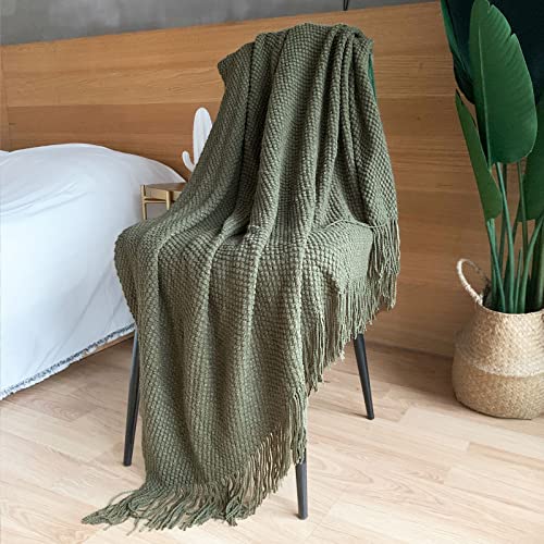 LOMAO Knitted Throw Blanket with Tassels Bubble Textured Lightweight Throws for Couch Cover Home Decor (Dark Olive, 50x60)