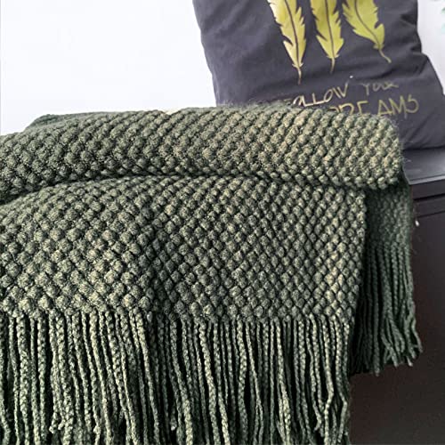 LOMAO Knitted Throw Blanket with Tassels Bubble Textured Lightweight Throws for Couch Cover Home Decor (Dark Olive, 50x60)