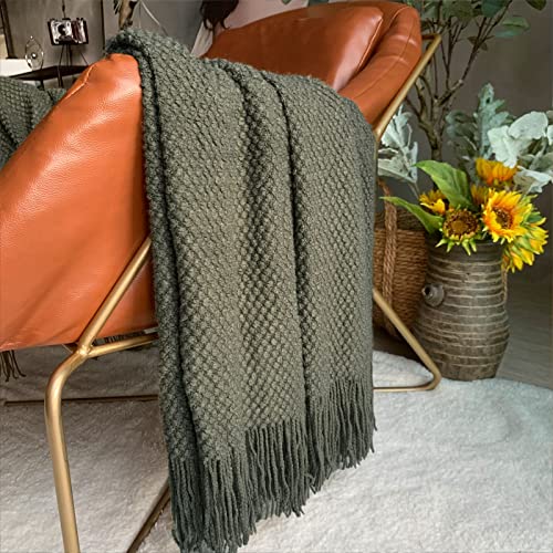 LOMAO Knitted Throw Blanket with Tassels Bubble Textured Lightweight Throws for Couch Cover Home Decor (Dark Olive, 50x60)