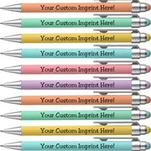 Express Pencils™ - Pastel Custom Pens with Stylus - Soft Touch Design - Personalized Metal Frame Printed Name Pens with Black Ink - Imprinted with Logo or Message (Assorted)