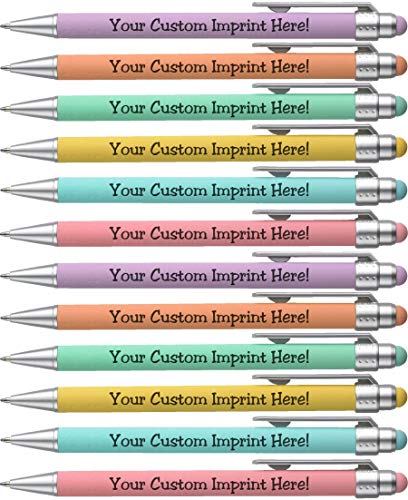 Express Pencils™ - Pastel Custom Pens with Stylus - Soft Touch Design - Personalized Metal Frame Printed Name Pens with Black Ink - Imprinted with Logo or Message (Assorted)
