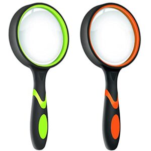 leffis 2 pack 10x magnifying glass for seniors & kids, non-slip handheld magnifier for reading, 75mm magnify glasses lens for close work, science and hobby observation（green and orange