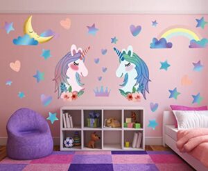unicorn wall decal stickers, large size unicorn rainbow wall decor for girls kids bedroom nursery christmas birthday party decoration