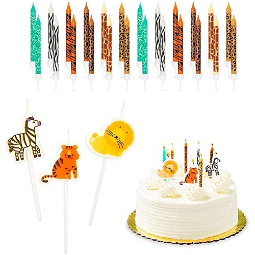 Safari Animal Cake Toppers and Thin Candles in Holders (27 Pieces)