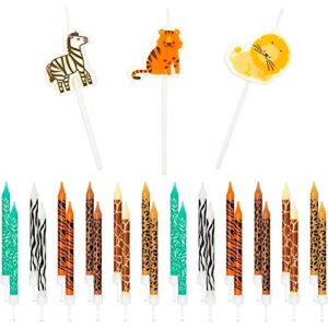 Safari Animal Cake Toppers and Thin Candles in Holders (27 Pieces)