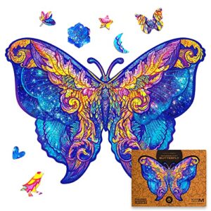 unidragon wooden jigsaw puzzles - intergalaxy butterfly, 199 pcs, medium 12.6"x9", beautiful gift package, unique shape best gift for adults and kids