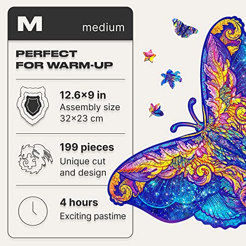 UNIDRAGON Wooden Jigsaw Puzzles - Intergalaxy Butterfly, 199 pcs, Medium 12.6"x9", Beautiful Gift Package, Unique Shape Best Gift for Adults and Kids